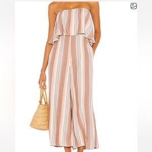 l*space Strapless Wide-Leg Striped Jumpsuit in Tan and White